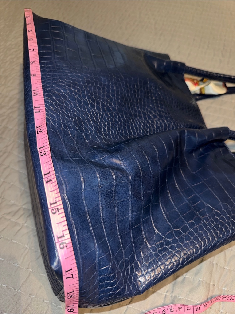 Structured Croc-Embossed Navy Tote with Scarf Accent - Picture 7 of 9